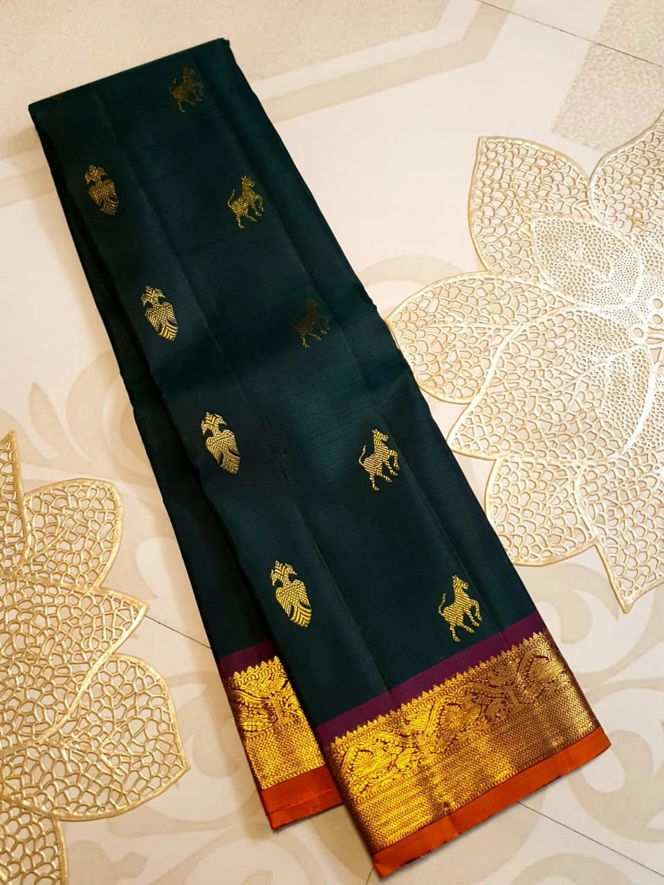 2G Pure Kanjivaram Silk Saree in Deep Bottle Green with Gold Zari Horse Buttas and Maroon Traditional Peacock Zari Border | Silkmark Certified