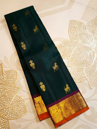 2G Pure Kanjivaram Silk Saree in Deep Bottle Green with Gold Zari Horse Buttas and Maroon Traditional Peacock Zari Border | Silkmark Certified