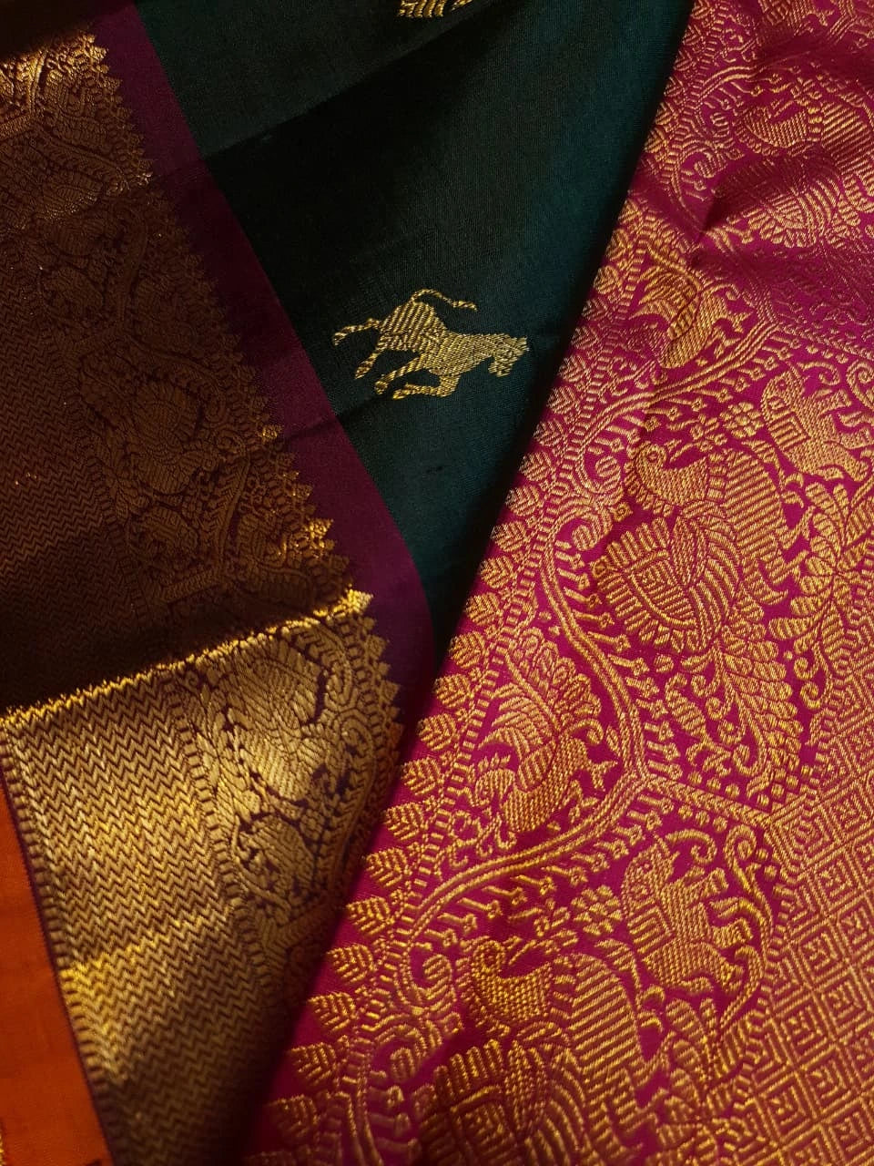 2G Pure Kanjivaram Silk Saree in Deep Bottle Green with Gold Zari Horse Buttas and Maroon Traditional Peacock Zari Border | Silkmark Certified