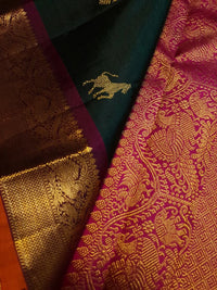 2G Pure Kanjivaram Silk Saree in Deep Bottle Green with Gold Zari Horse Buttas and Maroon Traditional Peacock Zari Border | Silkmark Certified