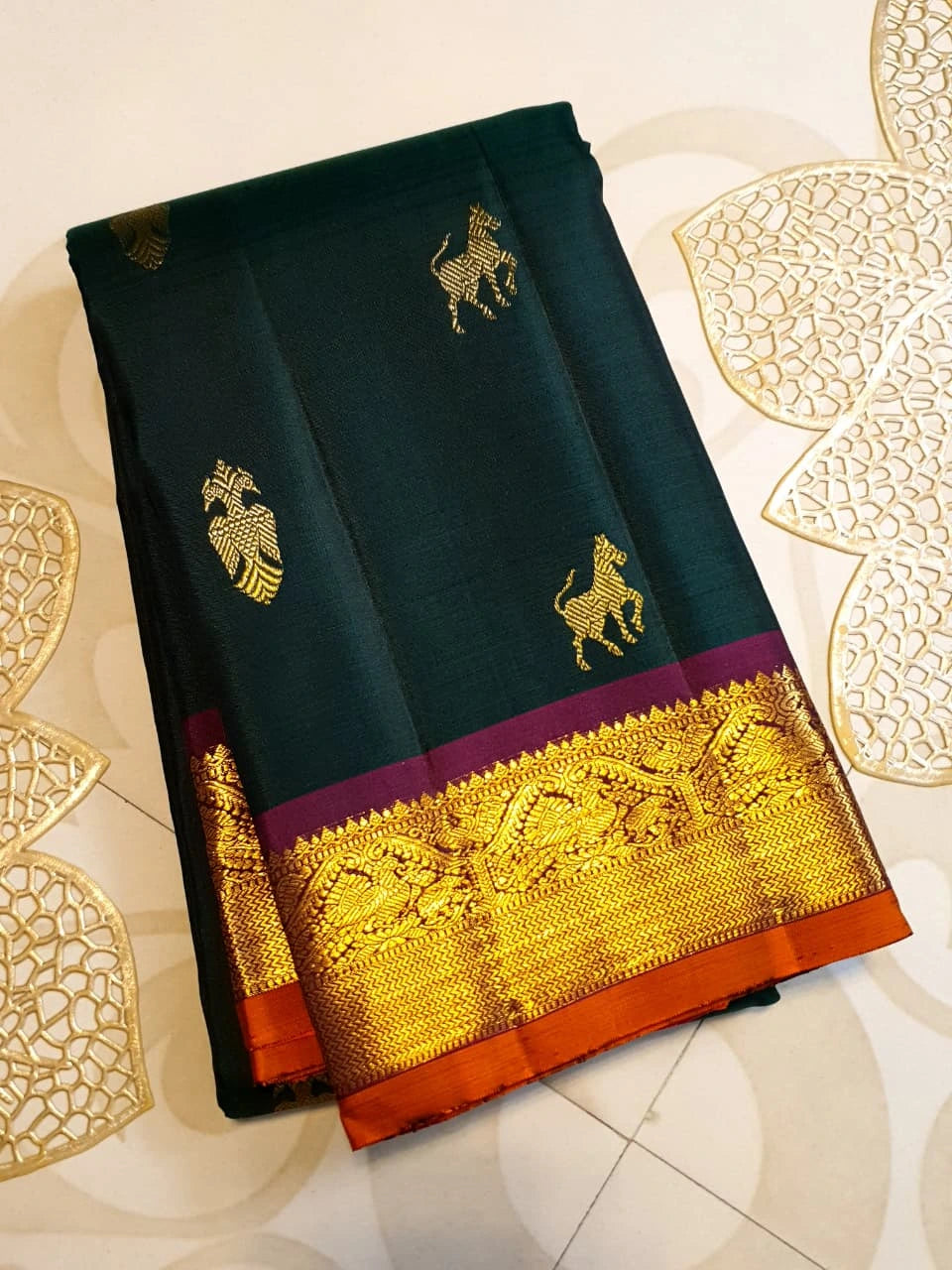 2G Pure Kanjivaram Silk Saree in Deep Bottle Green with Gold Zari Horse Buttas and Maroon Traditional Peacock Zari Border | Silkmark Certified