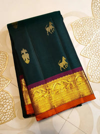2G Pure Kanjivaram Silk Saree in Deep Bottle Green with Gold Zari Horse Buttas and Maroon Traditional Peacock Zari Border | Silkmark Certified