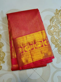 2G Pure Kanjivaram Silk Saree in Rich Red with Traditional Gold Zari Peacock Border and Grand Brocade Pallu | Silkmark Certified