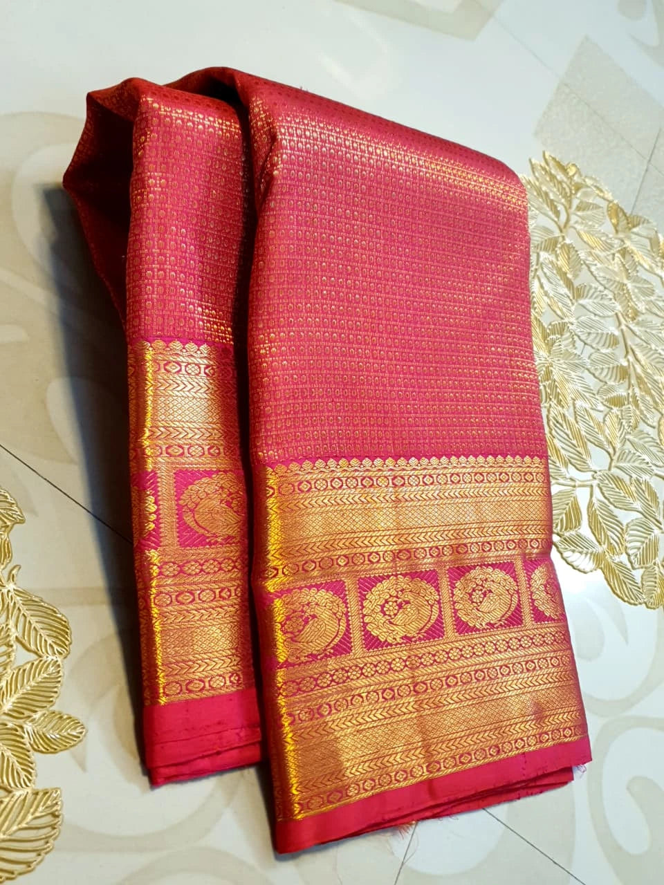 2G Pure Kanjivaram Silk Saree in Rich Red with Traditional Gold Zari Peacock Border and Grand Brocade Pallu | Silkmark Certified