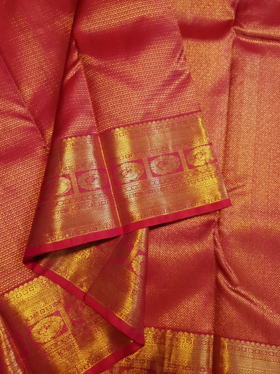 2G Pure Kanjivaram Silk Saree in Rich Red with Traditional Gold Zari Peacock Border and Grand Brocade Pallu | Silkmark Certified