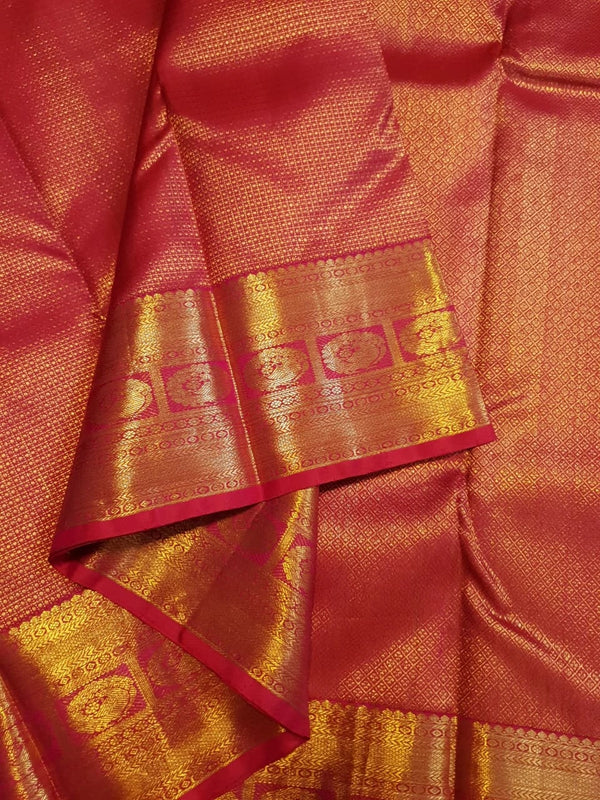 2G Pure Kanjivaram Silk Saree in Rich Red with Traditional Gold Zari Peacock Border and Grand Brocade Pallu | Silkmark Certified