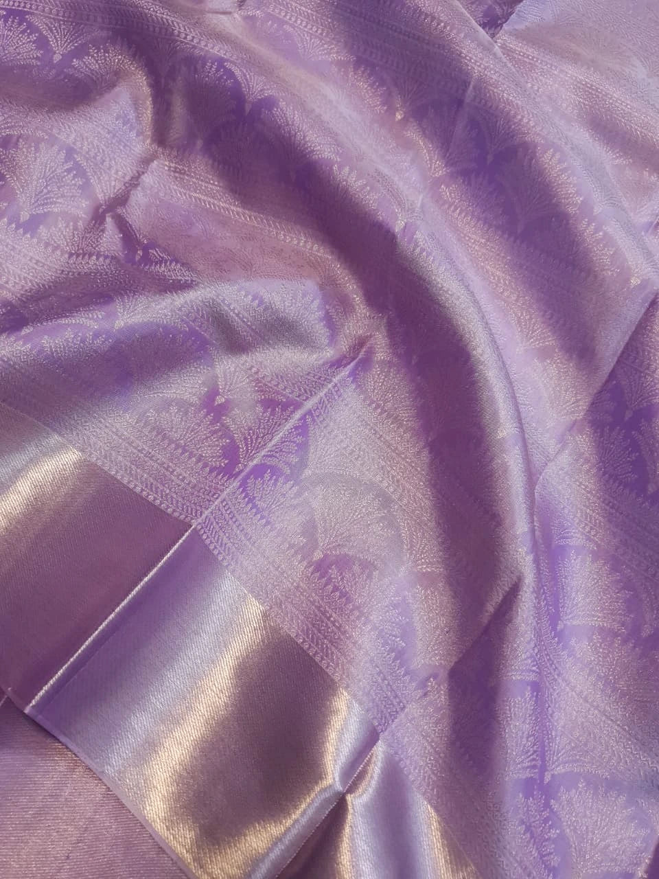 2G Pure Zari Kanjivaram Silk Saree in Lavender Lilac with Silver Zari Floral Motifs and Rich Zari Border | Silkmark Certified