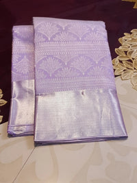 2G Pure Zari Kanjivaram Silk Saree in Lavender Lilac with Silver Zari Floral Motifs and Rich Zari Border | Silkmark Certified