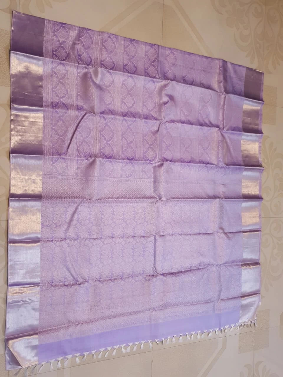 2G Pure Zari Kanjivaram Silk Saree in Lavender Lilac with Silver Zari Floral Motifs and Rich Zari Border | Silkmark Certified