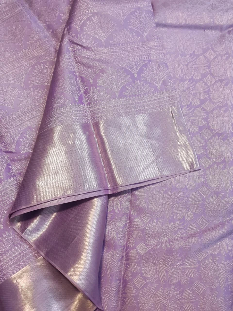 2G Pure Zari Kanjivaram Silk Saree in Lavender Lilac with Silver Zari Floral Motifs and Rich Zari Border | Silkmark Certified