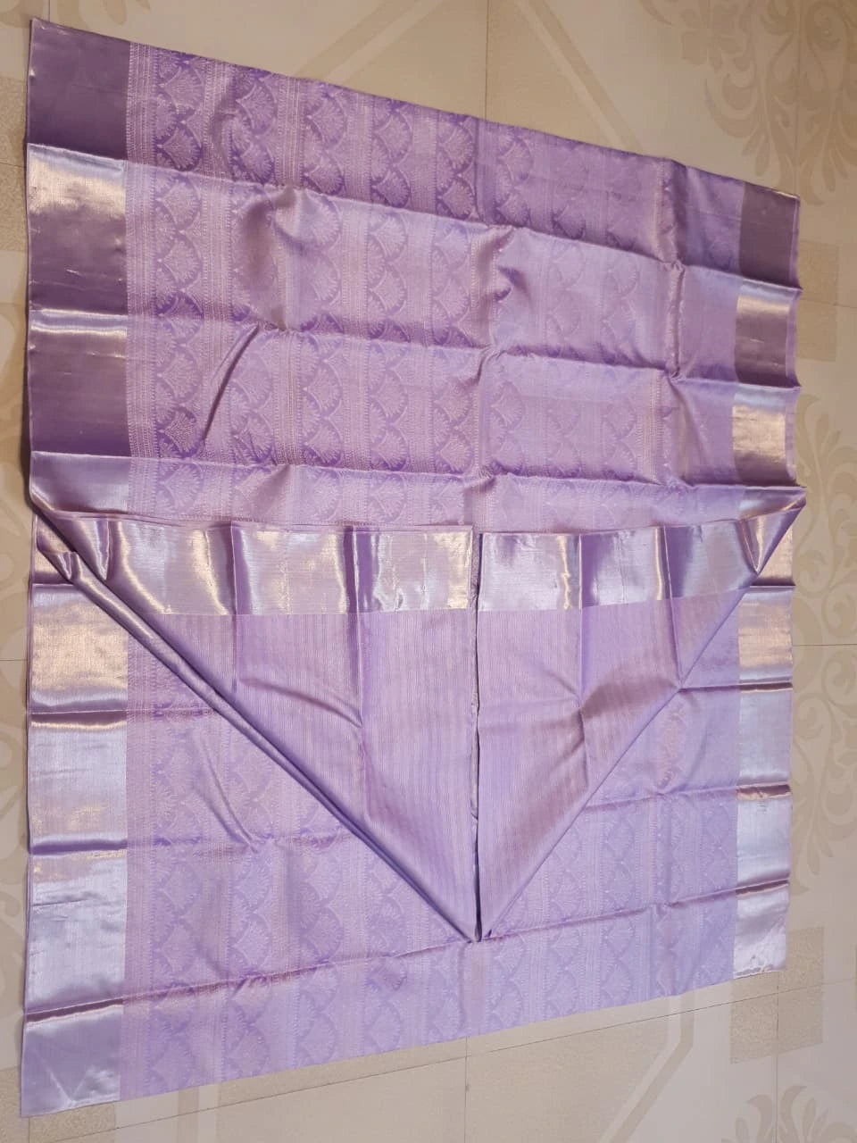 2G Pure Zari Kanjivaram Silk Saree in Lavender Lilac with Silver Zari Floral Motifs and Rich Zari Border | Silkmark Certified