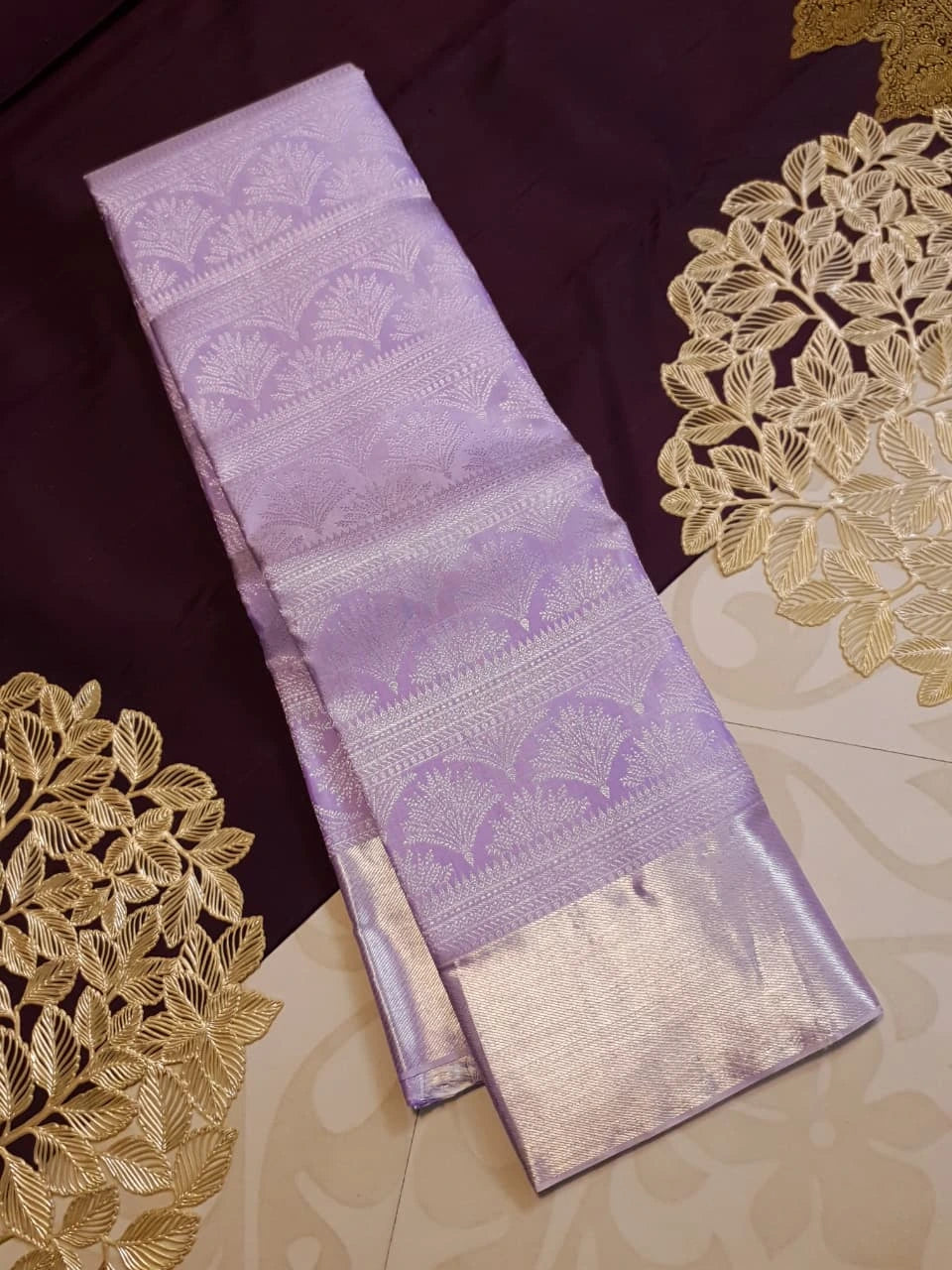 2G Pure Zari Kanjivaram Silk Saree in Lavender Lilac with Silver Zari Floral Motifs and Rich Zari Border | Silkmark Certified