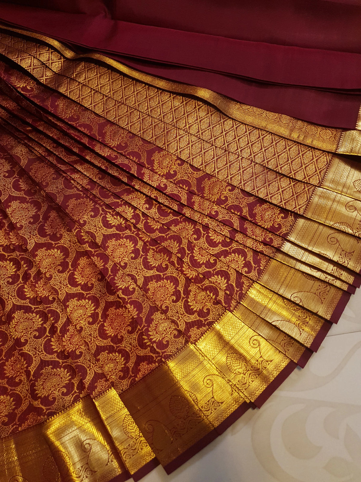 2G Pure Kanjivaram Silk Saree in Deep Maroon with Rich Gold Floral Brocade and Diamond Pattern Pallu | Silkmark Certified