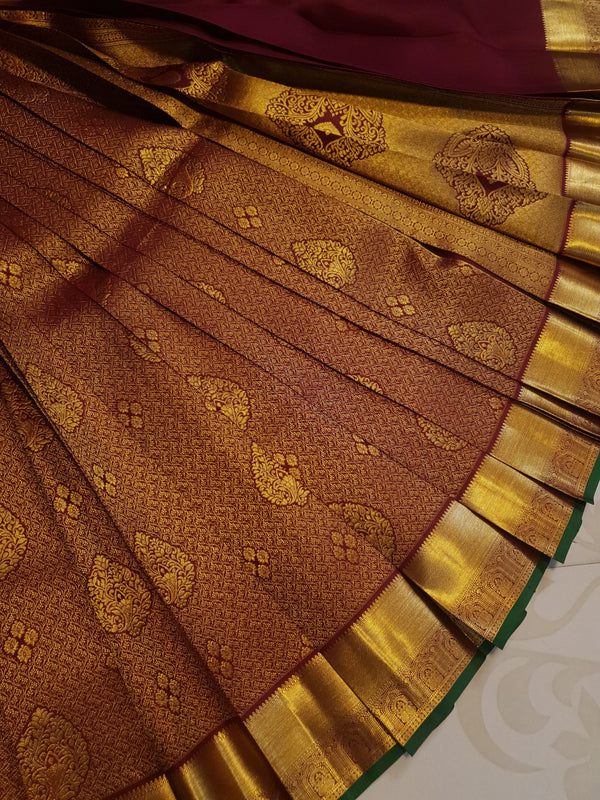 2G  Pure Kanjivaram Silk Saree in Deep Maroon with Rich Gold Brocade, Paisley Buttas and Grand Zari Pallu | Silkmark Certified