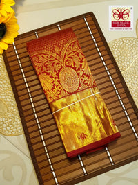 2G Pure Kanjivaram Silk Saree in Deep Maroon with Rich Gold Brocade Floral Paisley Pallu and Traditional Motifs | Silkmark Certified