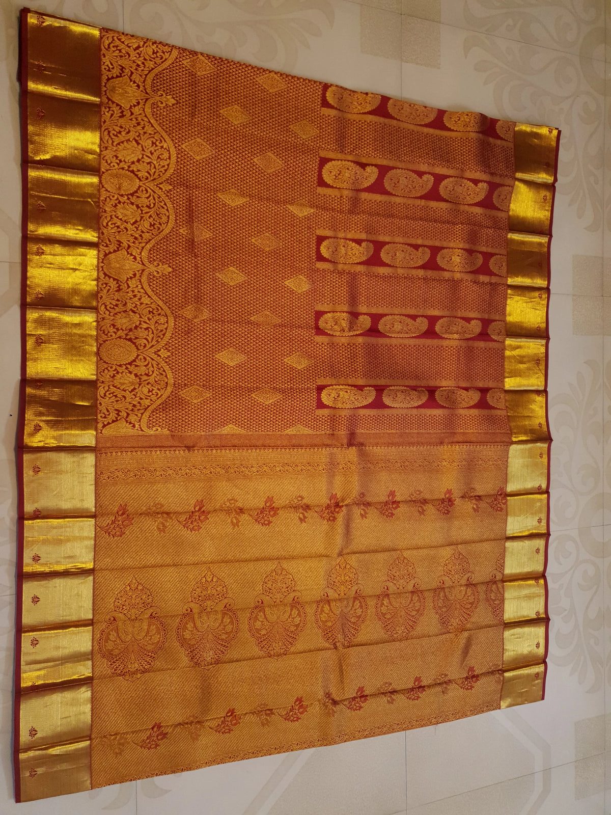 2G Pure Kanjivaram Silk Saree in Deep Maroon with Rich Gold Brocade Floral Paisley Pallu and Traditional Motifs | Silkmark Certified