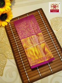 2G Pure  Kanjivaram Silk Saree in Magenta Pink with Rich Antique Gold Zari Border and Floral Brocade Pallu | Silkmark Certified