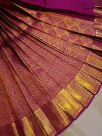 2G Pure  Kanjivaram Silk Saree in Magenta Pink with Rich Antique Gold Zari Border and Floral Brocade Pallu | Silkmark Certified
