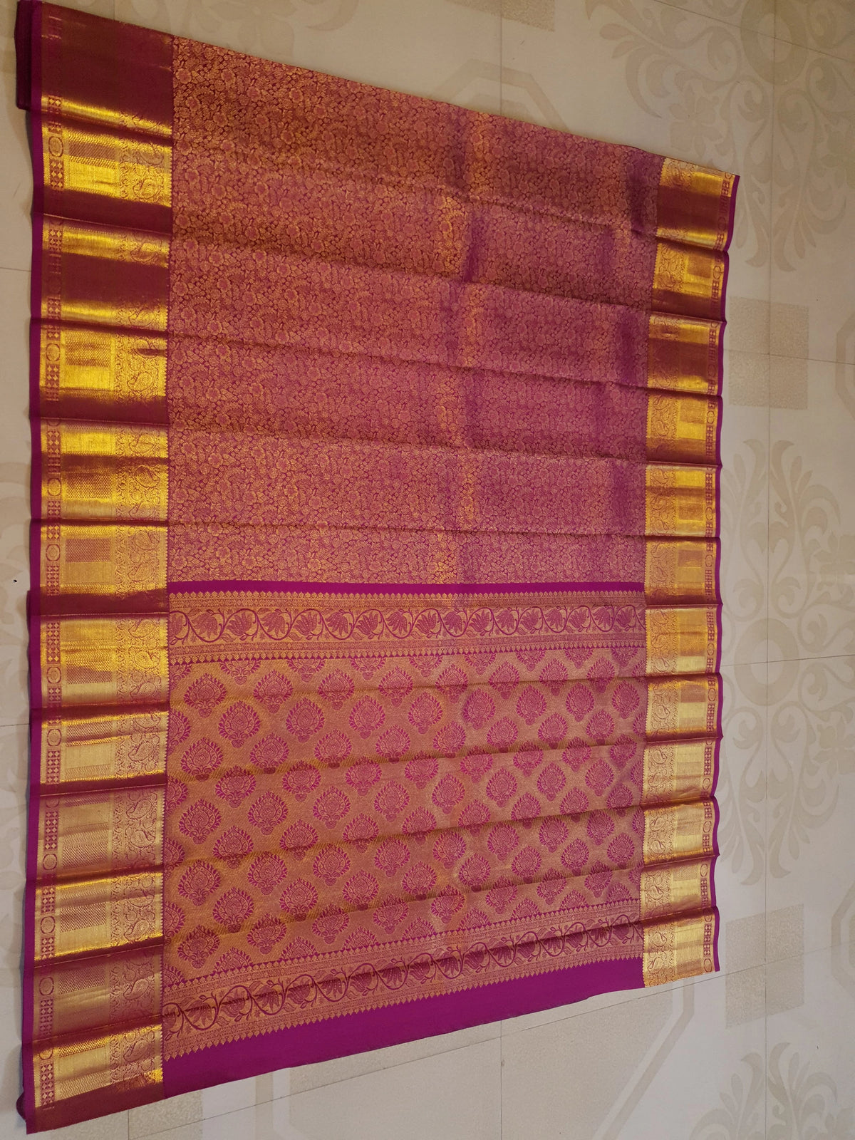 2G Pure  Kanjivaram Silk Saree in Magenta Pink with Rich Antique Gold Zari Border and Floral Brocade Pallu | Silkmark Certified