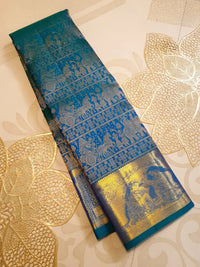 2G Pure Kanjivaram Silk Saree in Peacock Blue with Antique Gold Temple Border, Traditional Horse Butta & Traditional Motif Design | Silkmark Certified