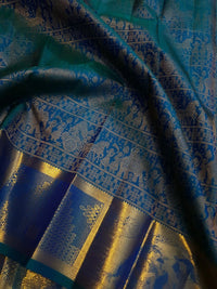 2G Pure Kanjivaram Silk Saree in Peacock Blue with Antique Gold Temple Border, Traditional Horse Butta & Traditional Motif Design | Silkmark Certified