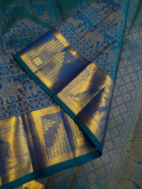 2G Pure Kanjivaram Silk Saree in Peacock Blue with Antique Gold Temple Border, Traditional Horse Butta & Traditional Motif Design | Silkmark Certified
