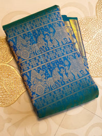 2G Pure Kanjivaram Silk Saree in Peacock Blue with Antique Gold Temple Border, Traditional Horse Butta & Traditional Motif Design | Silkmark Certified