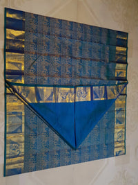 2G Pure Kanjivaram Silk Saree in Peacock Blue with Antique Gold Temple Border, Traditional Horse Butta & Traditional Motif Design | Silkmark Certified