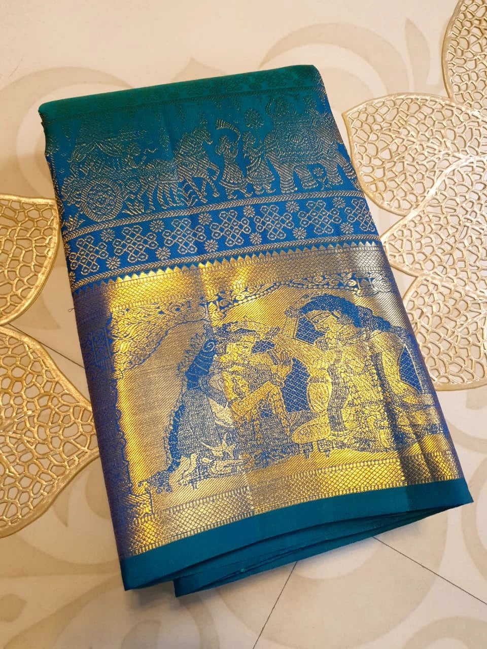 2G Pure Kanjivaram Silk Saree in Peacock Blue with Antique Gold Temple Border, Traditional Horse Butta & Traditional Motif Design | Silkmark Certified