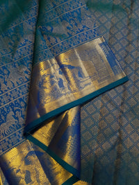 2G Pure Kanjivaram Silk Saree in Peacock Blue with Antique Gold Temple Border, Traditional Horse Butta & Traditional Motif Design | Silkmark Certified