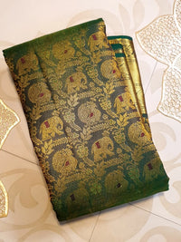2G Pure  Kanjivaram Silk Saree in Deep Bottle Green with Antique Gold Elephant Butta and Rich Zari Border | Silkmark Certified