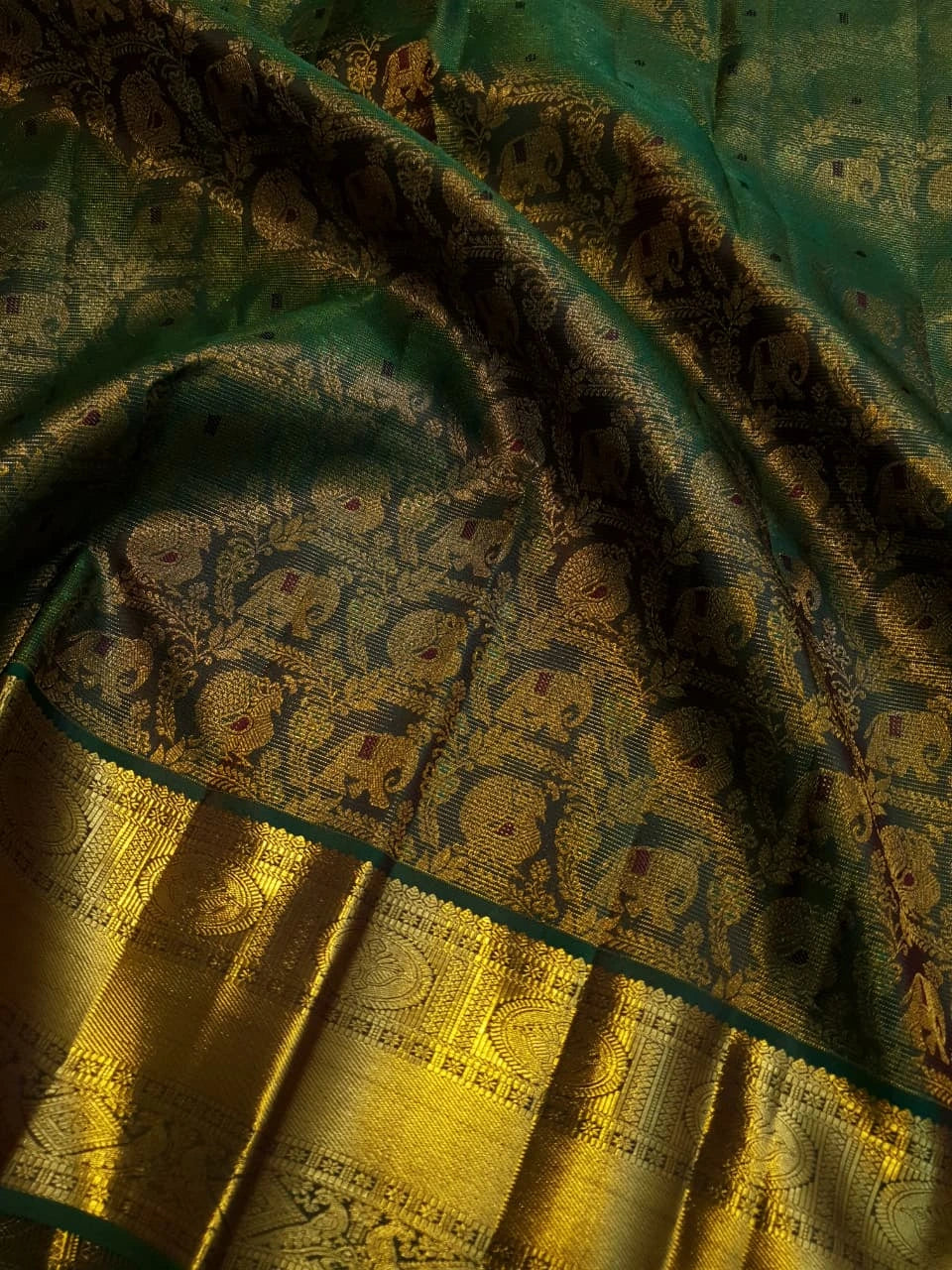 2G Pure  Kanjivaram Silk Saree in Deep Bottle Green with Antique Gold Elephant Butta and Rich Zari Border | Silkmark Certified