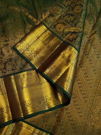 2G Pure  Kanjivaram Silk Saree in Deep Bottle Green with Antique Gold Elephant Butta and Rich Zari Border | Silkmark Certified