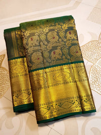 2G Pure  Kanjivaram Silk Saree in Deep Bottle Green with Antique Gold Elephant Butta and Rich Zari Border | Silkmark Certified
