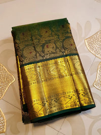 2G Pure  Kanjivaram Silk Saree in Deep Bottle Green with Antique Gold Elephant Butta and Rich Zari Border | Silkmark Certified