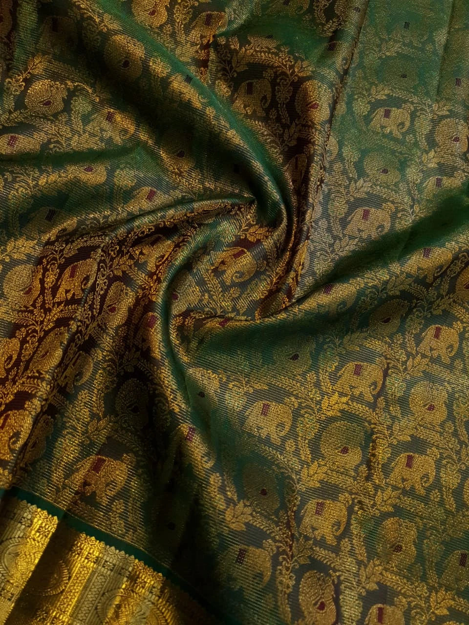 2G Pure  Kanjivaram Silk Saree in Deep Bottle Green with Antique Gold Elephant Butta and Rich Zari Border | Silkmark Certified
