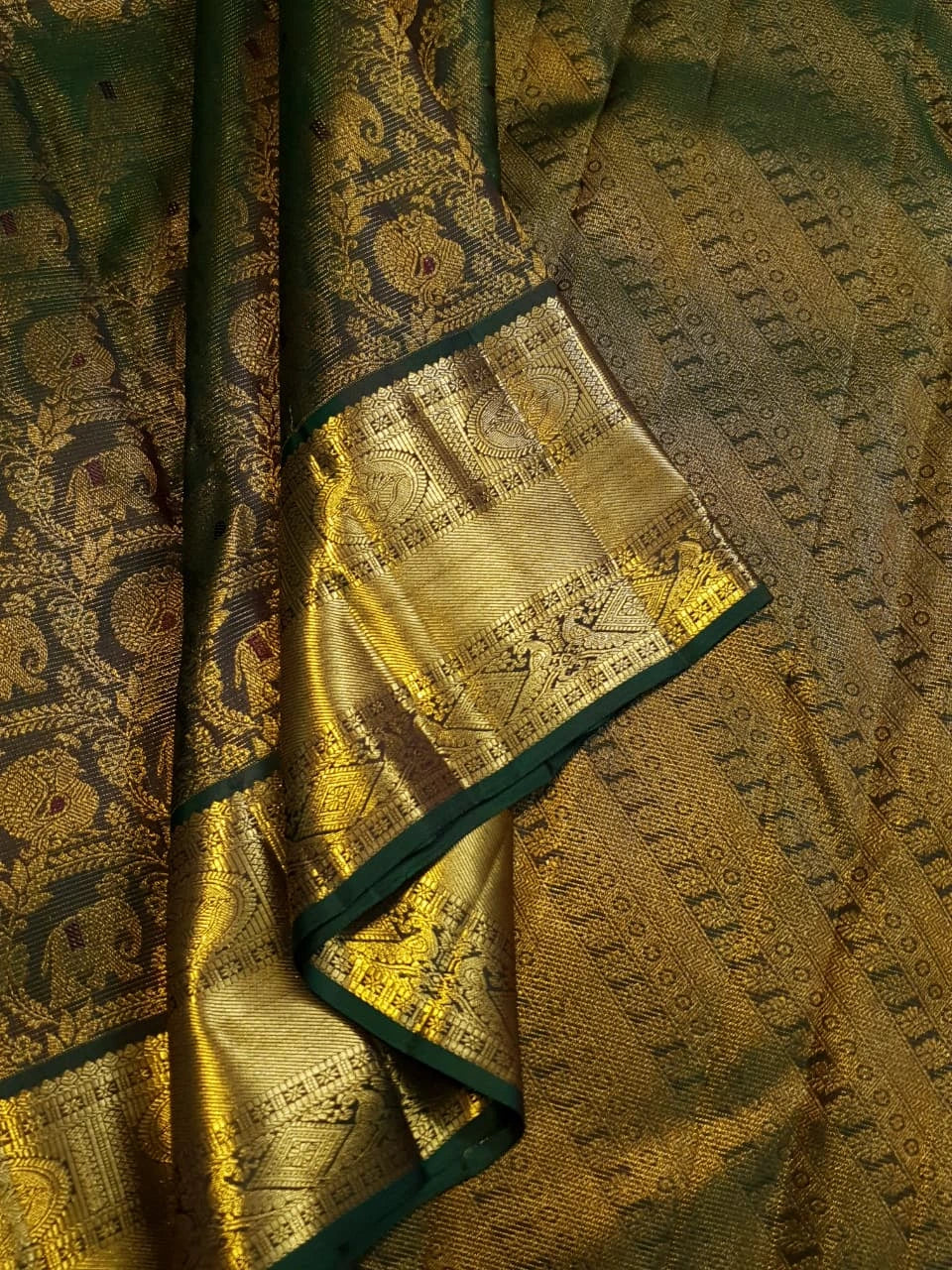 2G Pure  Kanjivaram Silk Saree in Deep Bottle Green with Antique Gold Elephant Butta and Rich Zari Border | Silkmark Certified