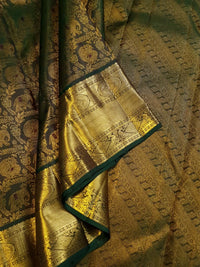 2G Pure  Kanjivaram Silk Saree in Deep Bottle Green with Antique Gold Elephant Butta and Rich Zari Border | Silkmark Certified