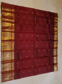 2G Pure Kanjivaram Silk Saree in Deep Maroon with Rich Gold Zari Elephant Border and Peacock Buttas | Silkmark Certified