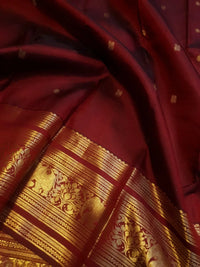 2G Pure Kanjivaram Silk Saree in Deep Maroon with Rich Gold Zari Elephant Border and Peacock Buttas | Silkmark Certified