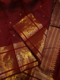 2G Pure Kanjivaram Silk Saree in Deep Maroon with Rich Gold Zari Elephant Border and Peacock Buttas | Silkmark Certified