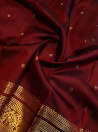 2G Pure Kanjivaram Silk Saree in Deep Maroon with Rich Gold Zari Elephant Border and Peacock Buttas | Silkmark Certified
