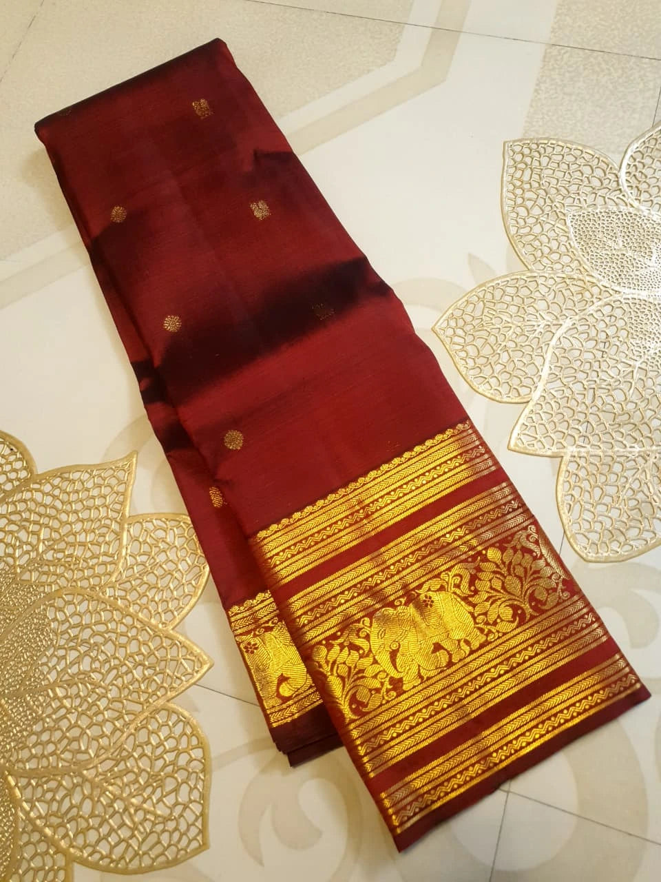 2G Pure Kanjivaram Silk Saree in Deep Maroon with Rich Gold Zari Elephant Border and Peacock Buttas | Silkmark Certified