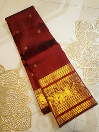 2G Pure Kanjivaram Silk Saree in Deep Maroon with Rich Gold Zari Elephant Border and Peacock Buttas | Silkmark Certified