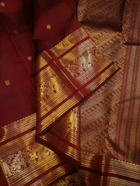 2G Pure Kanjivaram Silk Saree in Deep Maroon with Rich Gold Zari Elephant Border and Peacock Buttas | Silkmark Certified