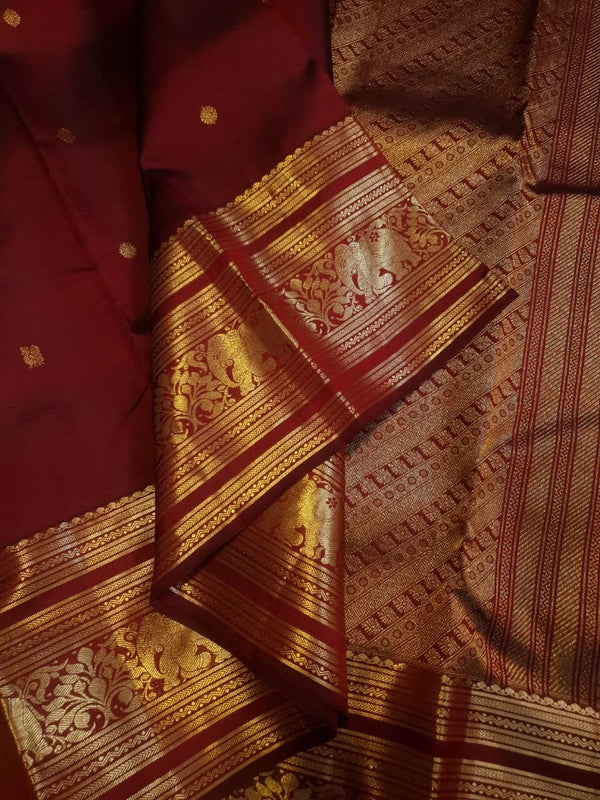 2G Pure Kanjivaram Silk Saree in Deep Maroon with Rich Gold Zari Elephant Border and Peacock Buttas | Silkmark Certified