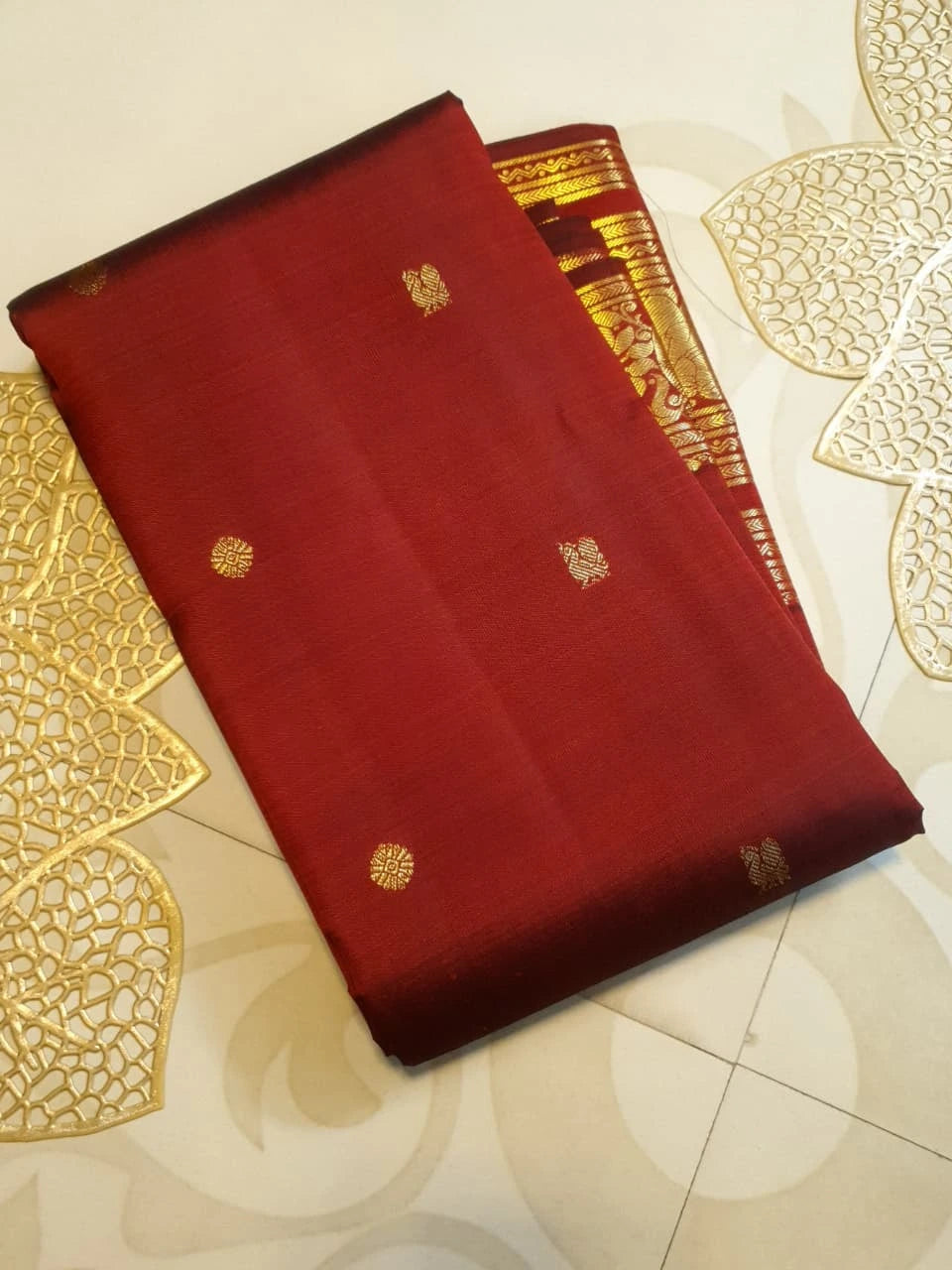 2G Pure Kanjivaram Silk Saree in Deep Maroon with Rich Gold Zari Elephant Border and Peacock Buttas | Silkmark Certified