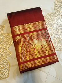 2G Pure Kanjivaram Silk Saree in Deep Maroon with Rich Gold Zari Elephant Border and Peacock Buttas | Silkmark Certified