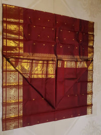 2G Pure Kanjivaram Silk Saree in Deep Maroon with Rich Gold Zari Elephant Border and Peacock Buttas | Silkmark Certified