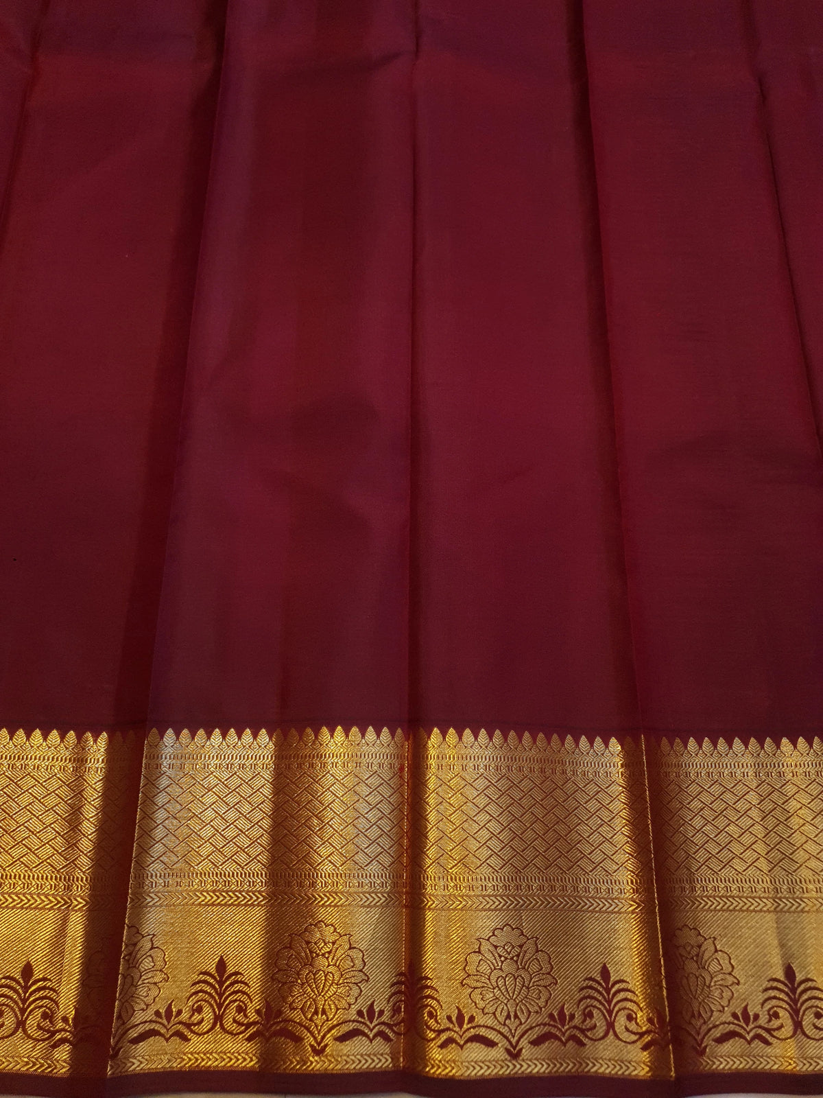 2G Pure Kanjivaram Silk Saree in Rich Maroon with Antique Gold Brocade, Geometric Buttas and Grand Zari Pallu | Silkmark Certified
